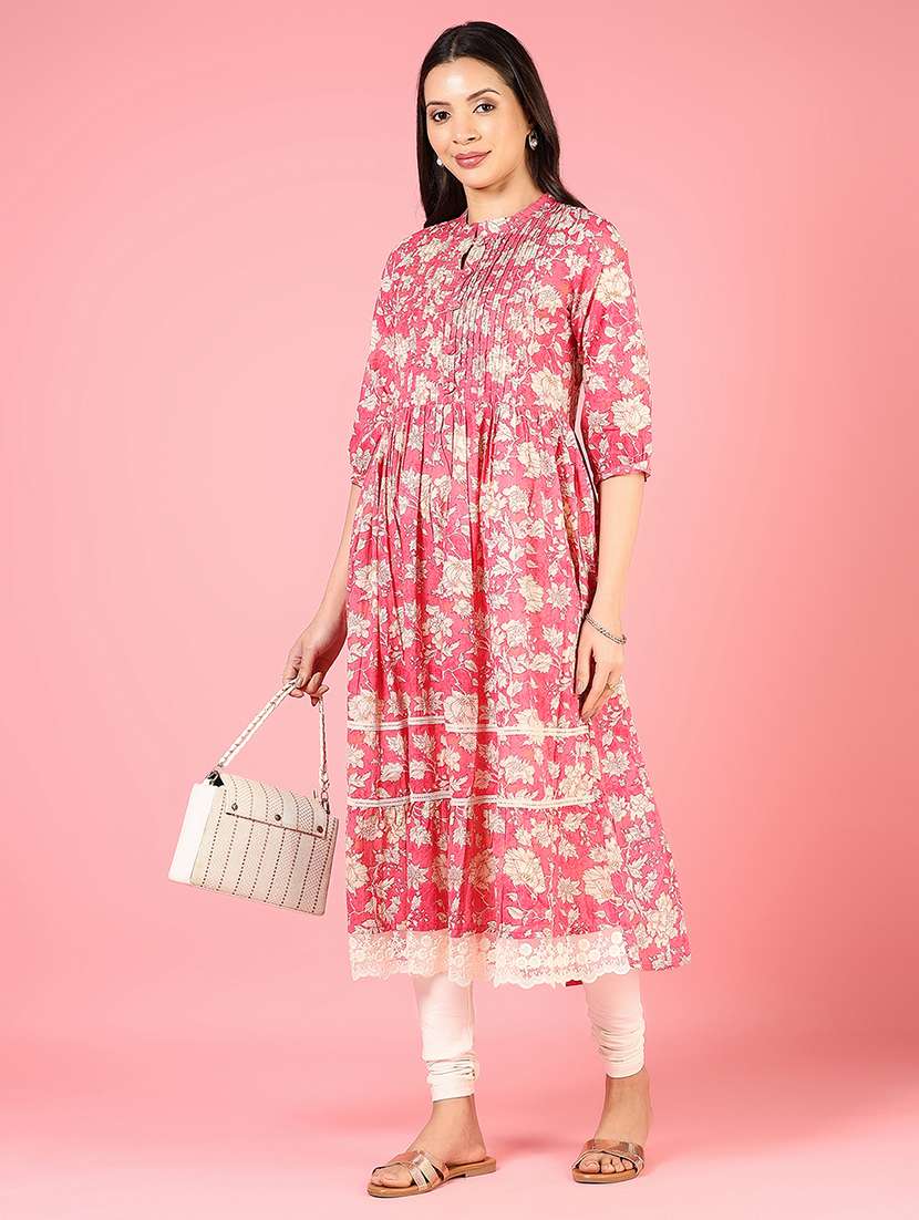 women floral printed three quarter sleeve tiered kurta - 22164066 -  Standard Image - 1