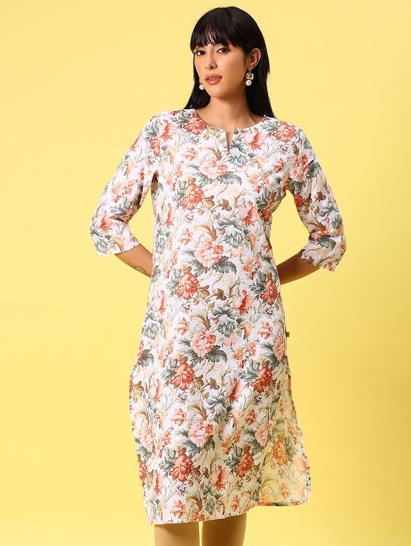 women floral printed three quarter sleeve straight kurta