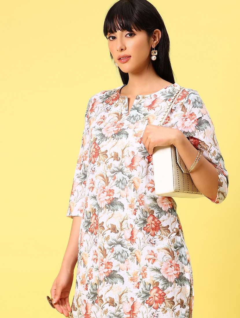 women floral printed three quarter sleeve straight kurta - 22164069 -  Standard Image - 1