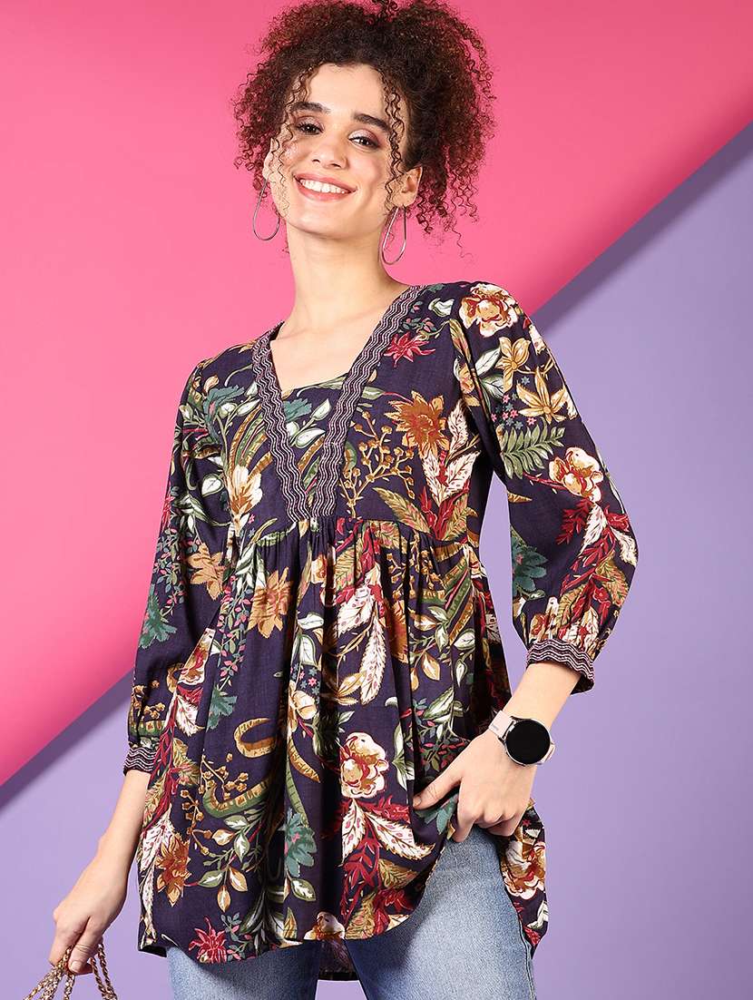 women floral printed three quarter sleeve a-line kurti - 22164208 -  Standard Image - 1