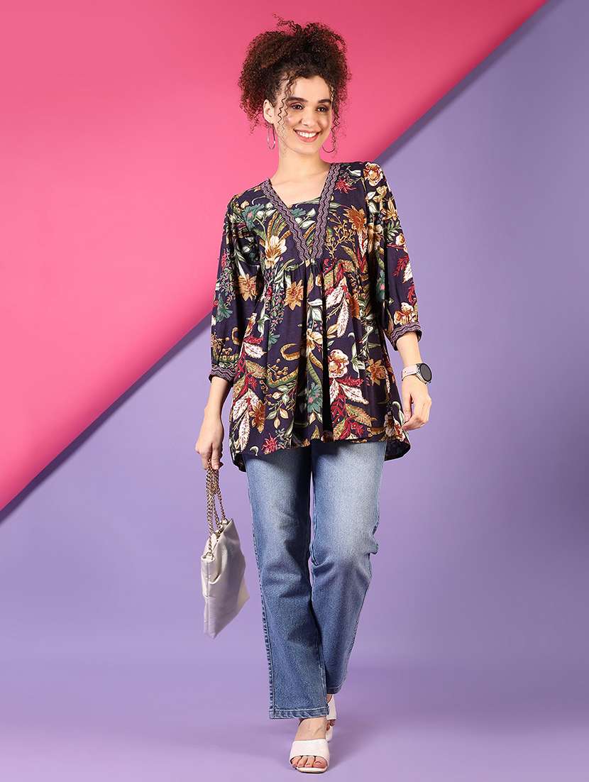 women floral printed three quarter sleeve a-line kurti - 22164208 -  Standard Image - 4