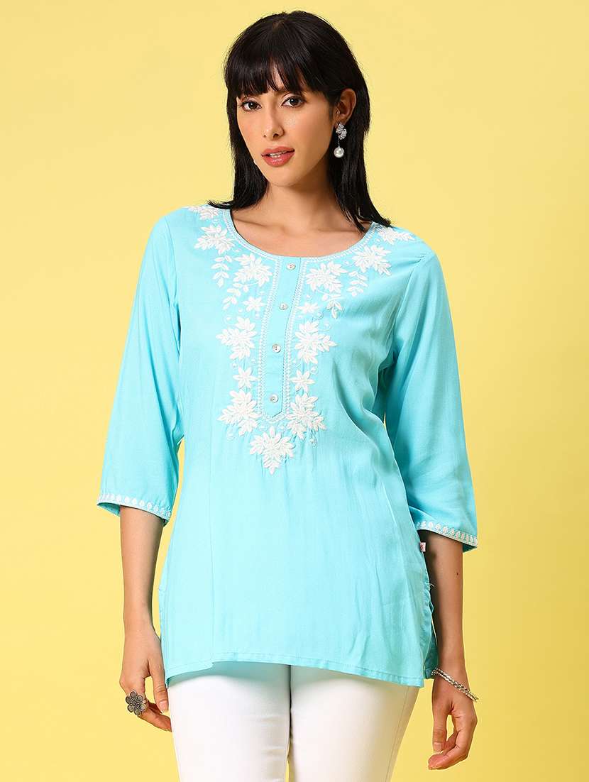 women solid with work three quarter sleeve straight kurti - 22164212 -  Standard Image - 1