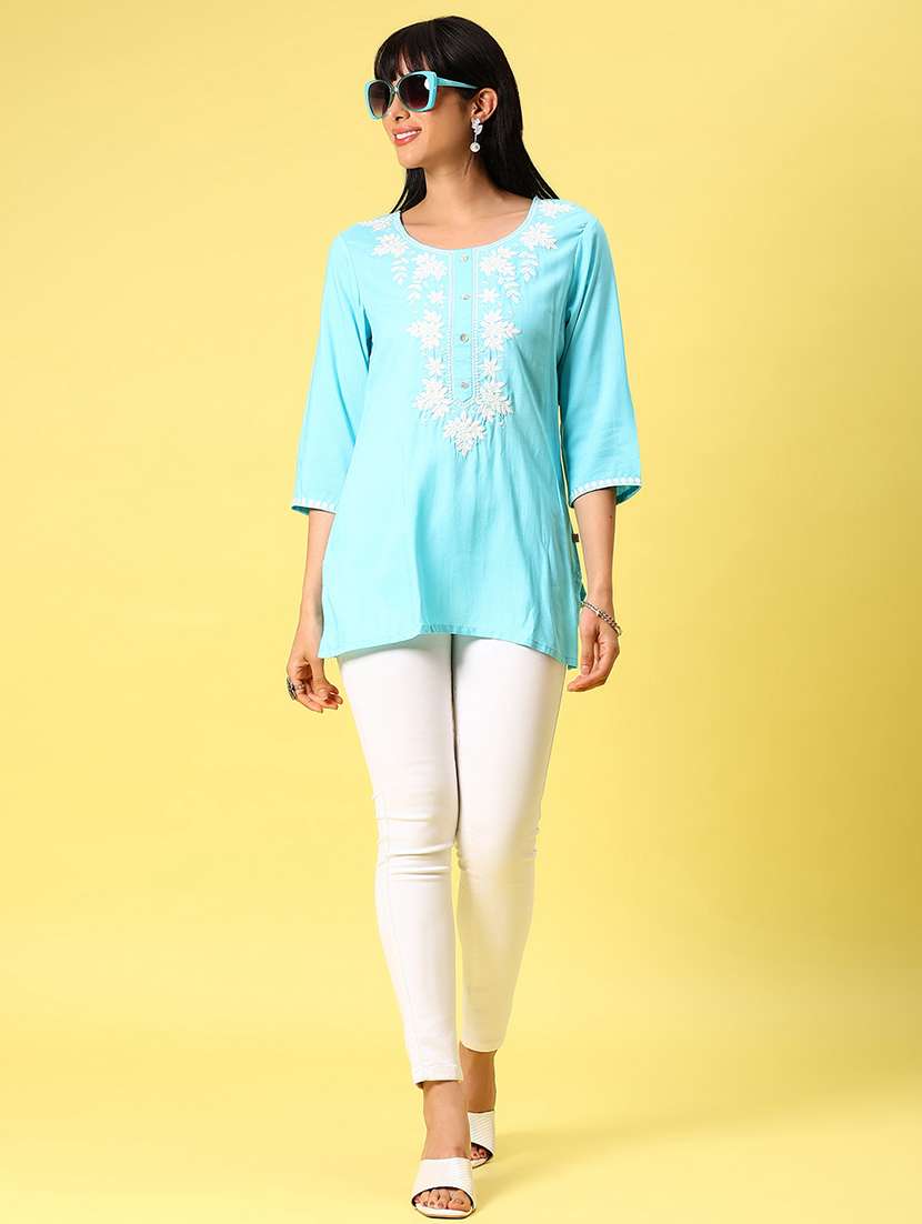 women solid with work three quarter sleeve straight kurti - 22164212 -  Standard Image - 4