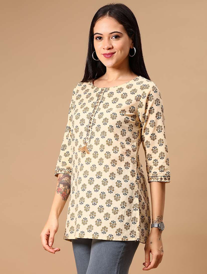 women floral printed three quarter sleeve straight kurti - 22164213 -  Standard Image - 1