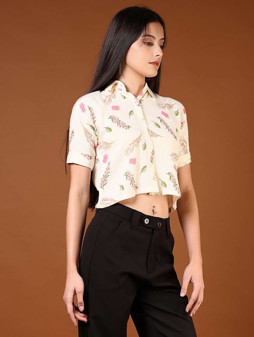women printed short sleeve crop shirt - 22164283 -  Standard Image - 1