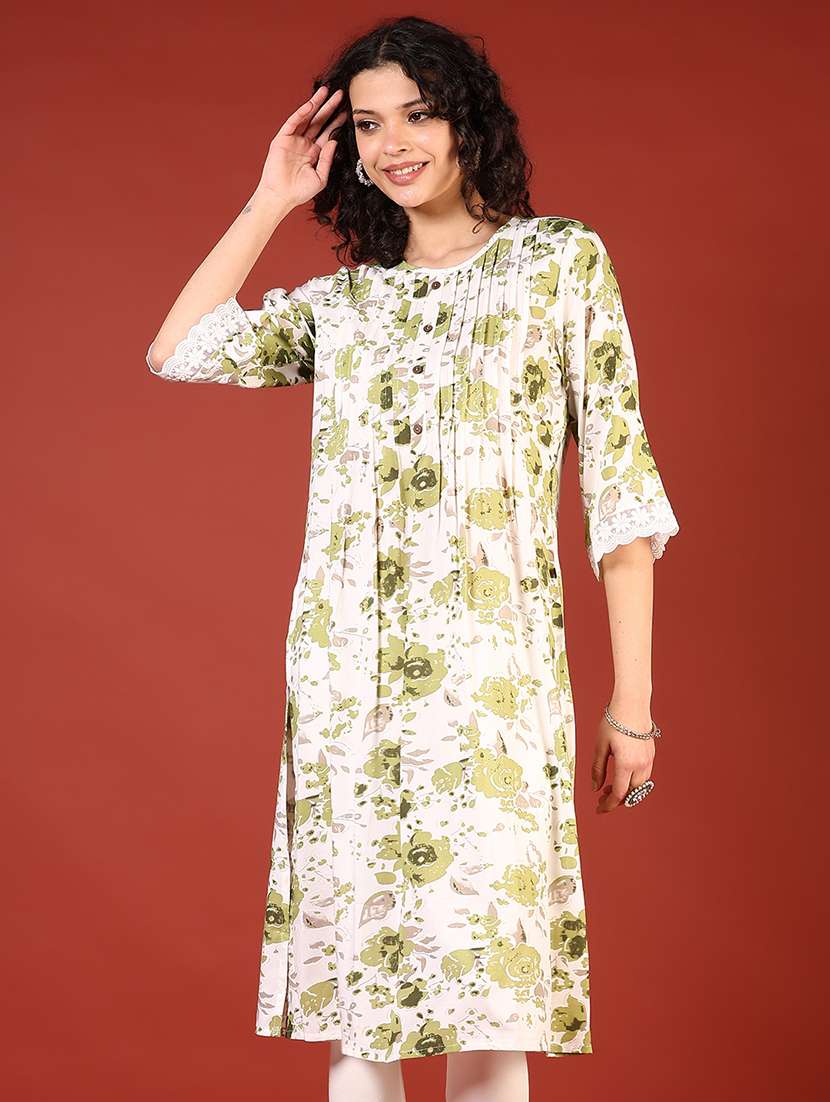 women floral printed three quarter sleeve a-line kurta