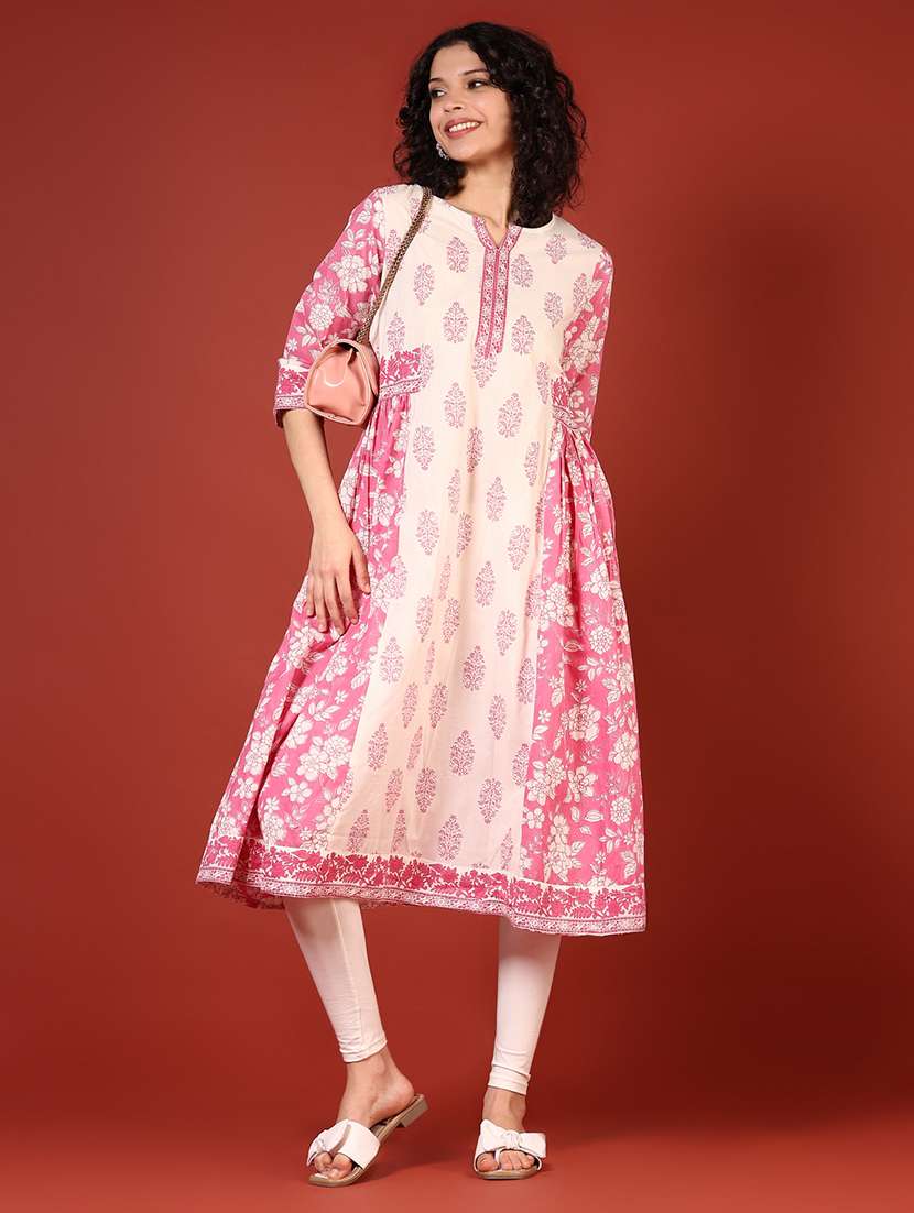 women floral printed three quarter sleeve a-line kurta
