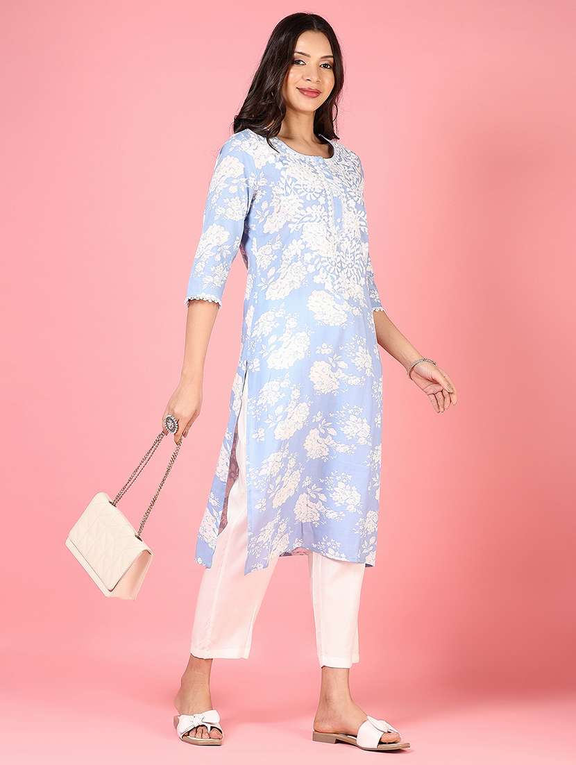 women floral three quarter sleeve kurta pant set - 22164470 -  Standard Image - 1