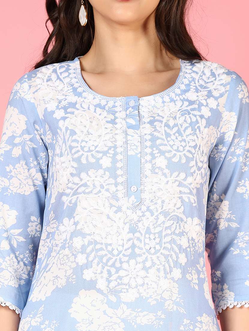 women floral three quarter sleeve kurta pant set - 22164470 -  Standard Image - 4