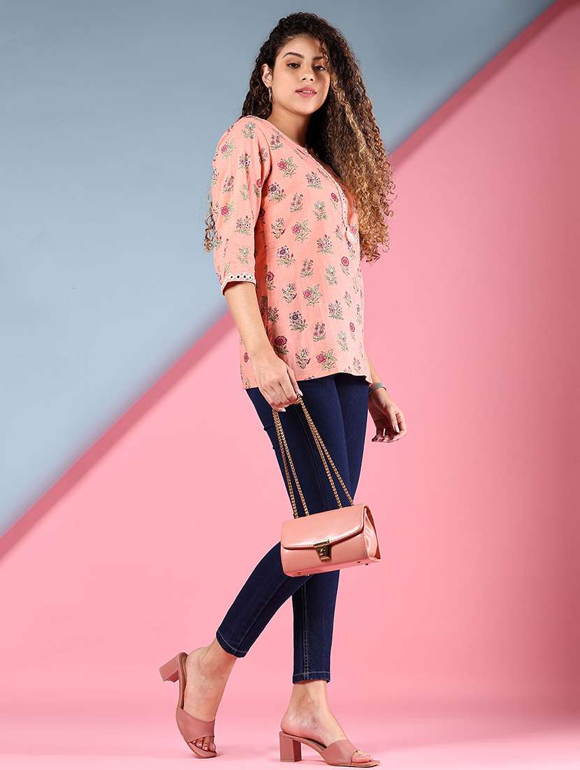 women floral printed three quarter sleeve straight kurti - 22164477 -  Standard Image - 4