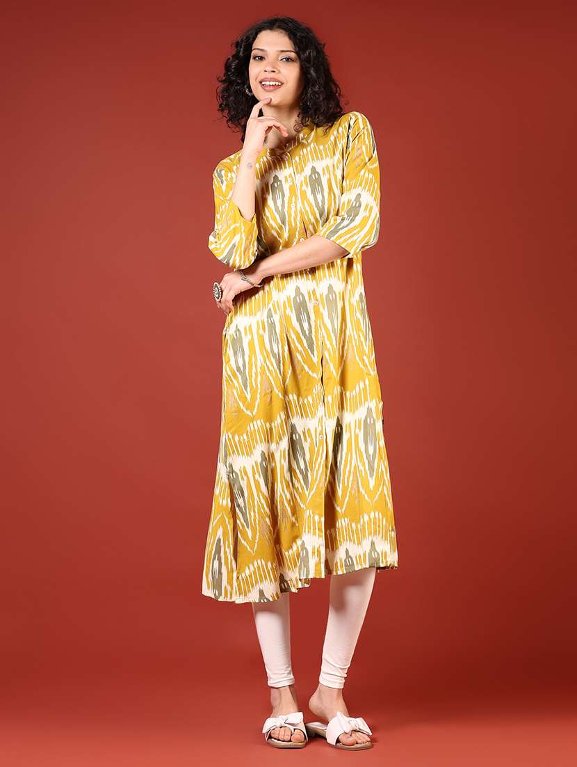 women ikat printed three quarter sleeve a-line kurta - 22164492 -  Standard Image - 1