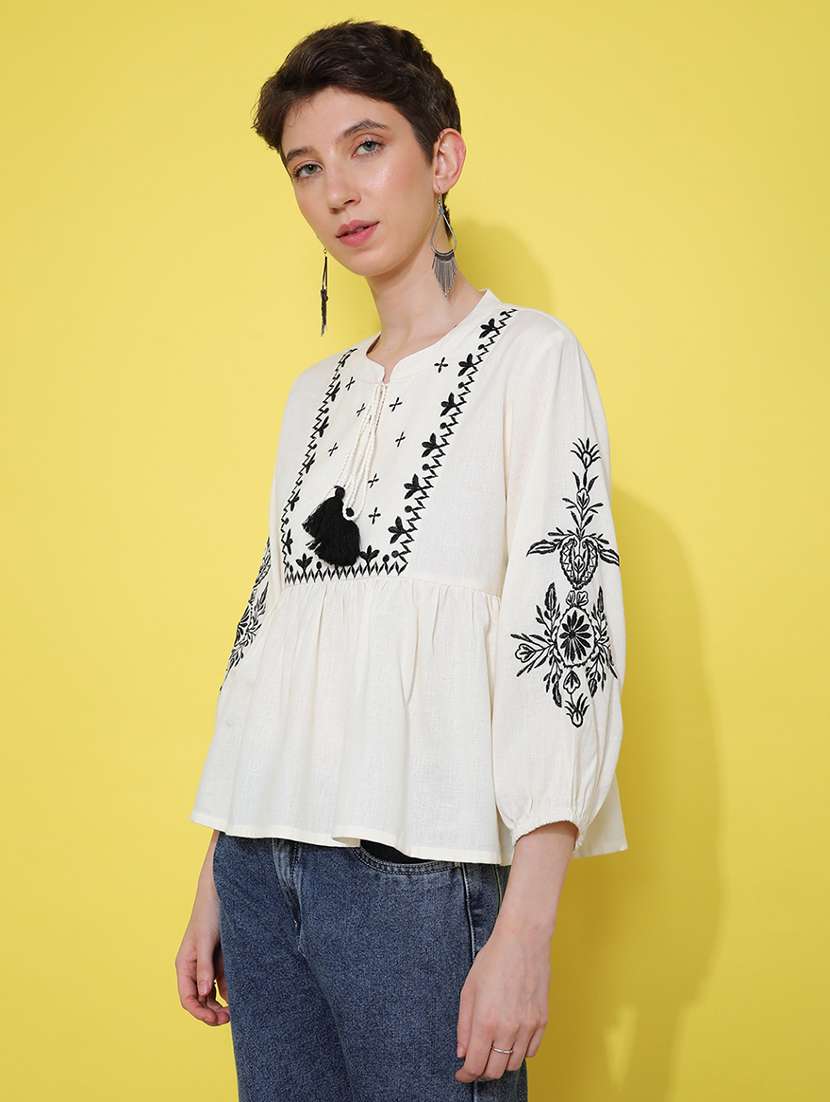 women solid with work three quarter sleeve ethnic top - 22165054 -  Standard Image - 1