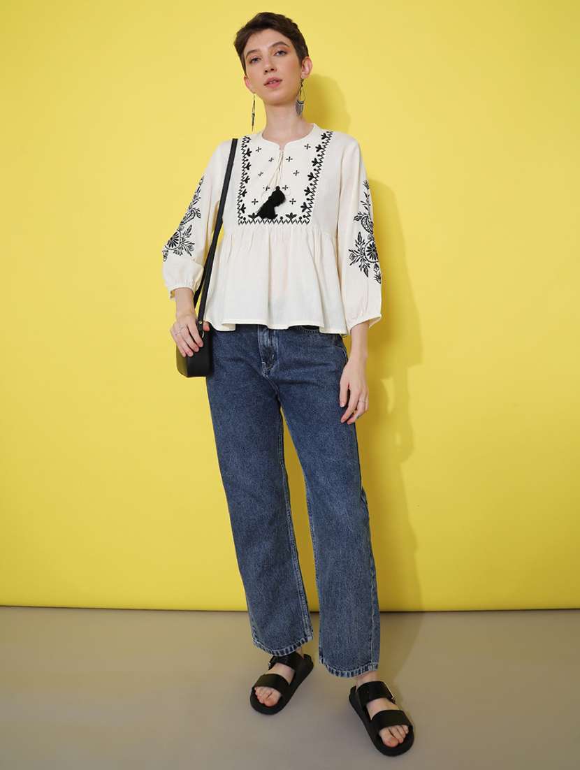 women solid with work three quarter sleeve ethnic top - 22165054 -  Standard Image - 4