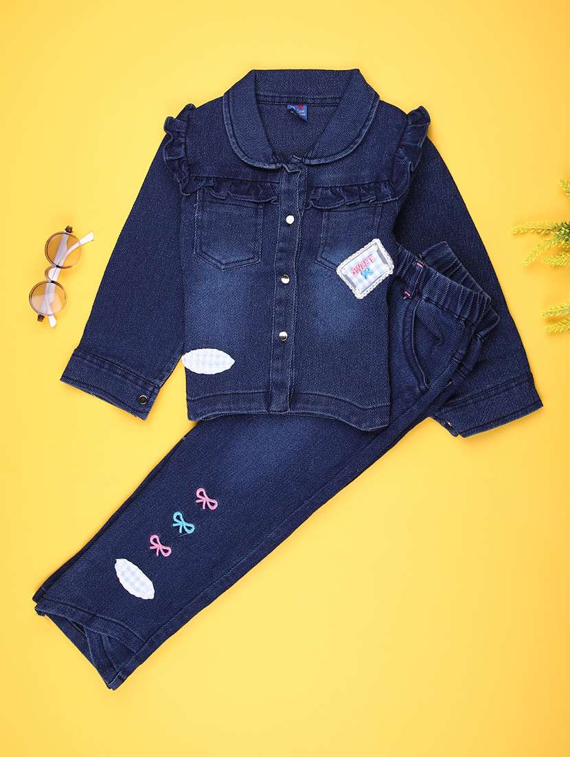 girls solid denim top & trouser co-ord set