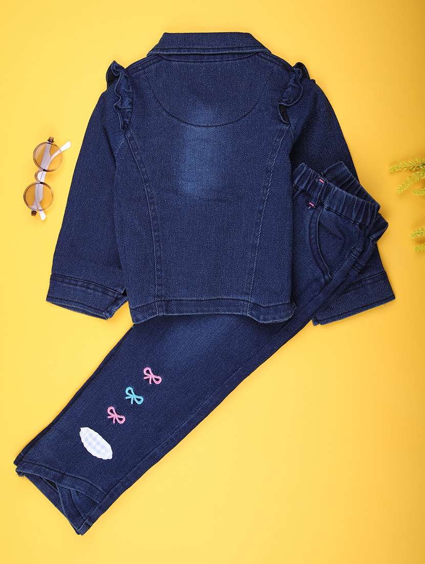girls solid denim top & trouser co-ord set - 22165515 -  Standard Image - 1