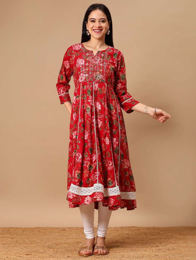 women floral printed three quarter sleeve anarkali kurta - 22165579 -  Standard Image - 1