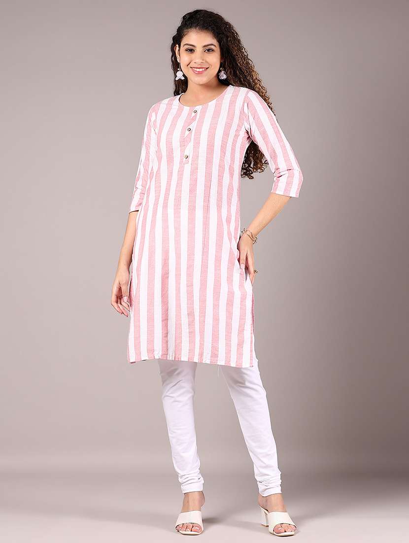women striped three quarter sleeve straight kurta - 22165582 -  Standard Image - 4