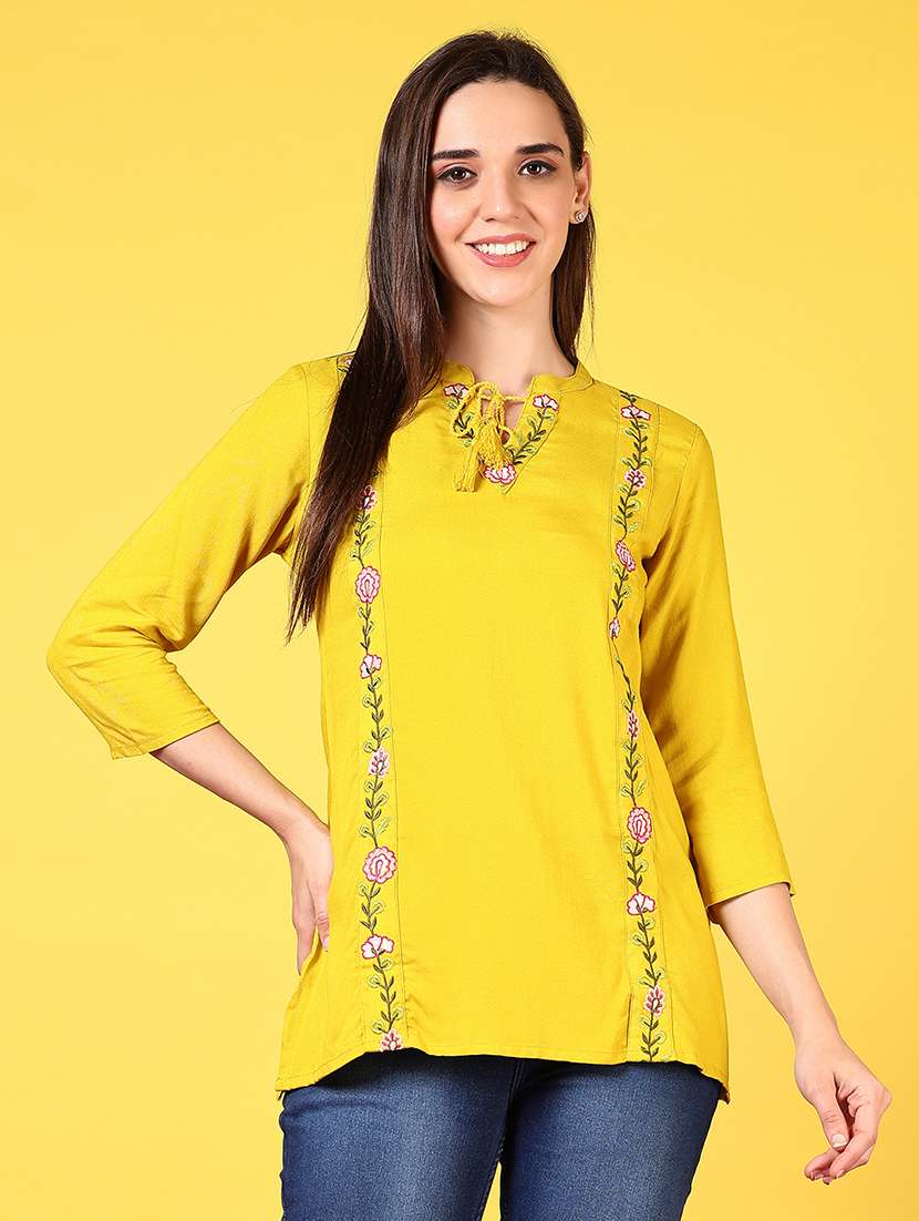 women solid with work three quarter sleeve straight kurti - 22166022 -  Standard Image - 1