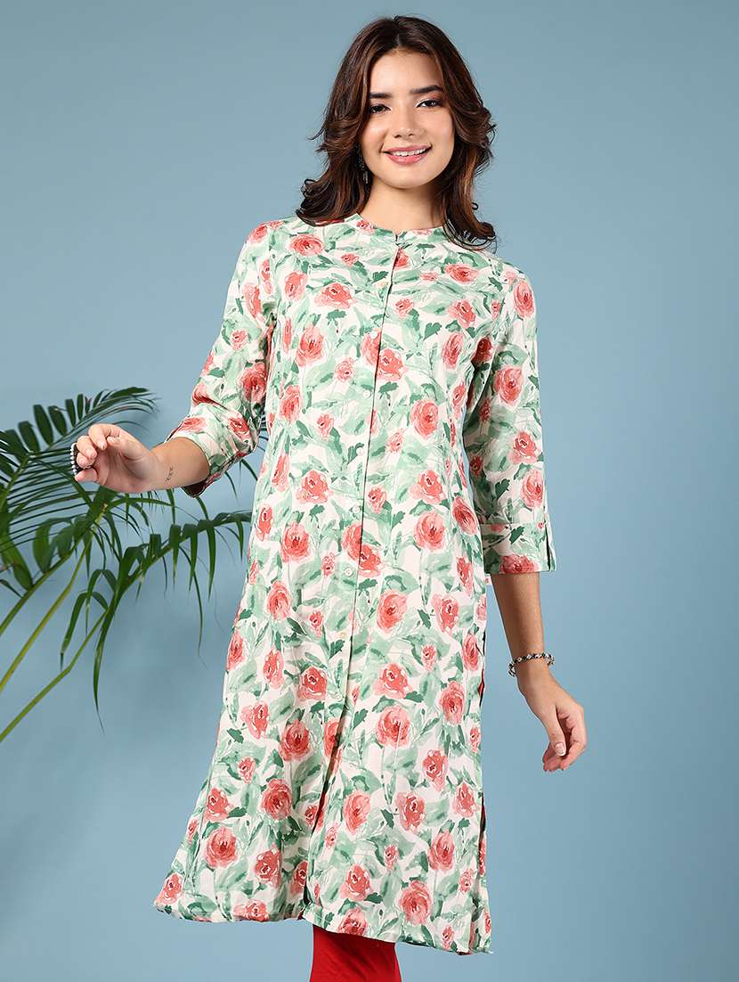 women floral printed three quarter sleeve straight kurta - 22166130 -  Standard Image - 1