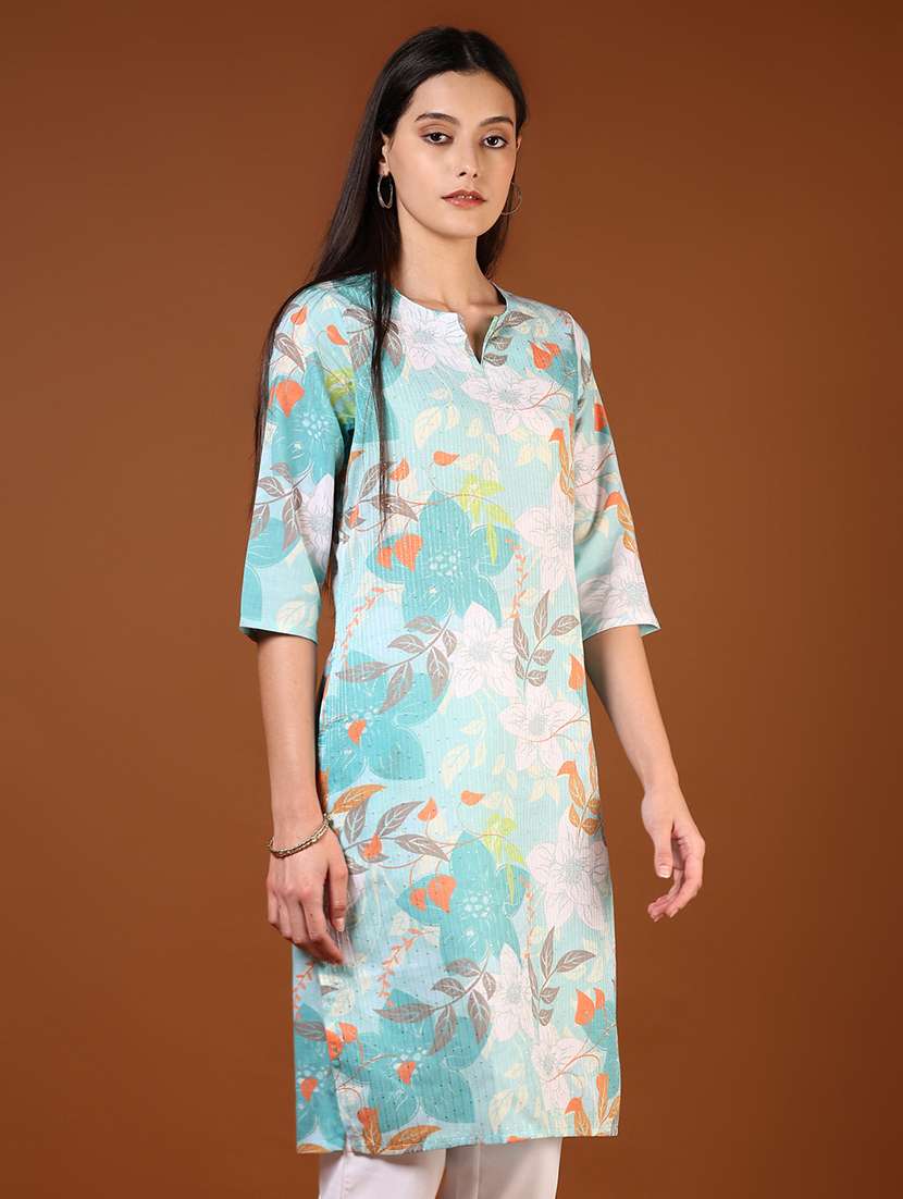women floral printed three quarter sleeve straight kurta - 22166338 -  Standard Image - 1