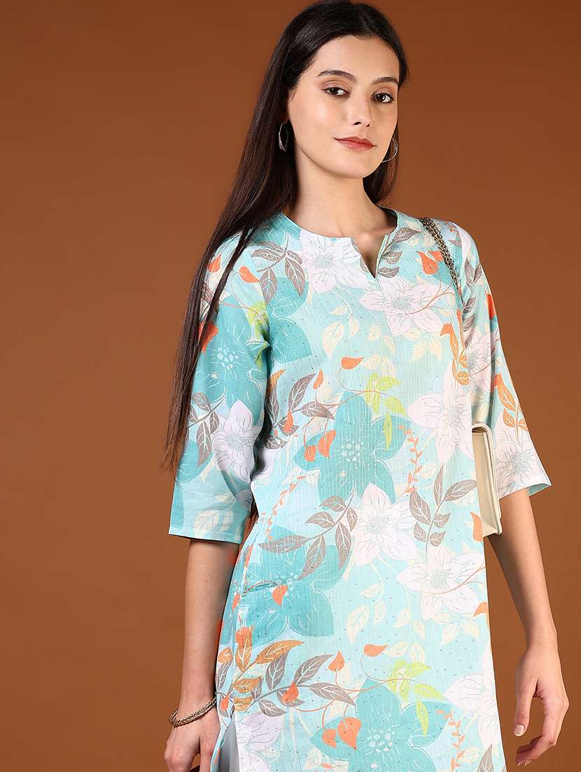 women floral printed three quarter sleeve straight kurta - 22166338 -  Standard Image - 4