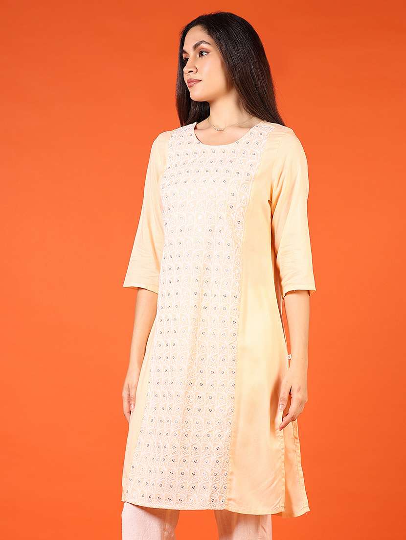 women solid with work three quarter sleeve straight kurta - 22166339 -  Standard Image - 1