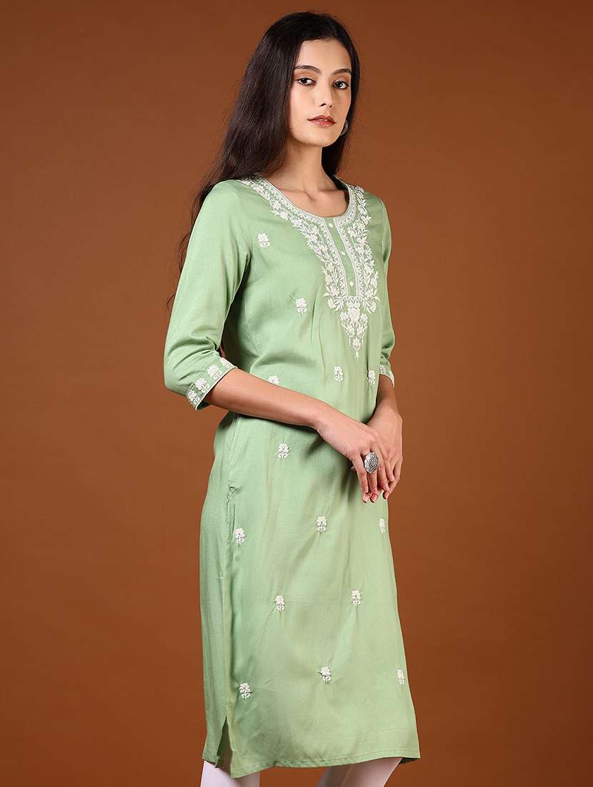 women solid with work three quarter sleeve straight kurta - 22166544 -  Standard Image - 1
