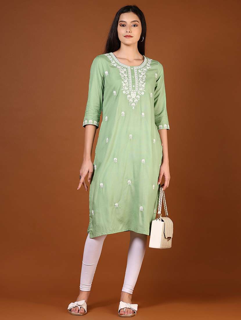 women solid with work three quarter sleeve straight kurta - 22166544 -  Standard Image - 4