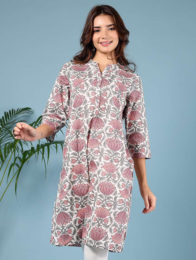 women floral printed three quarter sleeve straight kurta - 22166545 -  Standard Image - 1