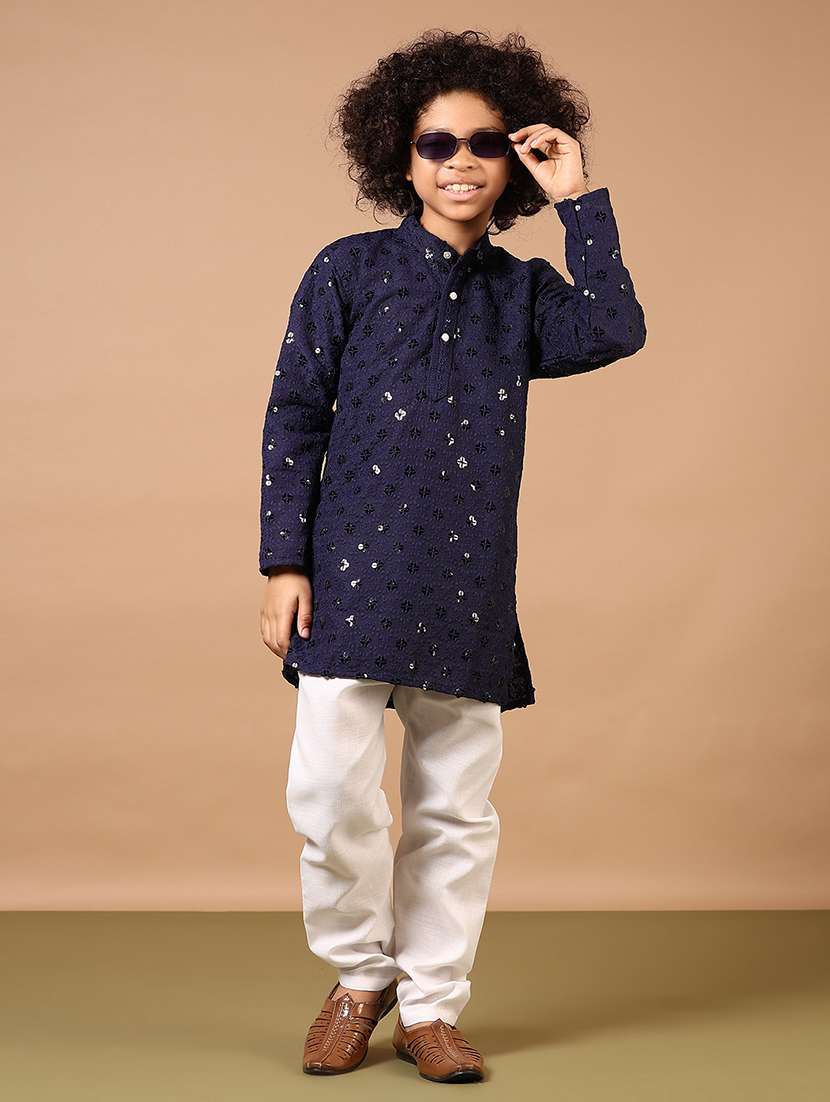 boys embroidered long sleeve kurta and pyjama set