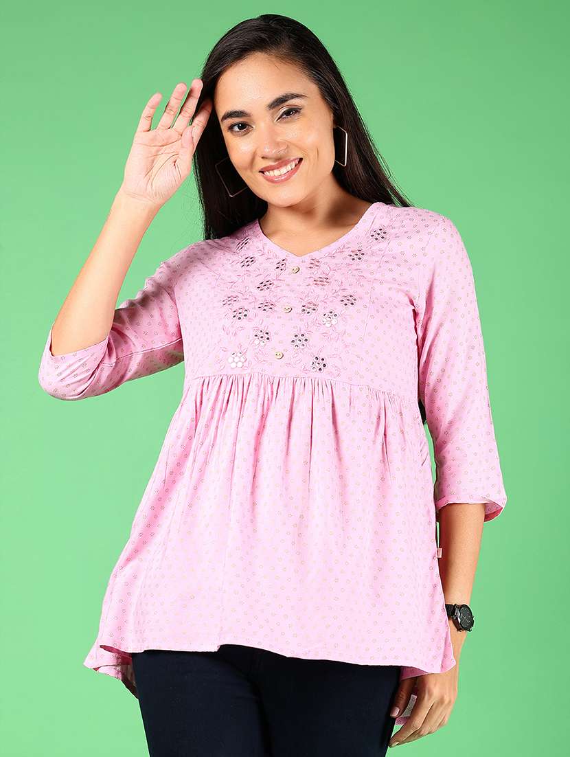 women printed three quarter sleeve flared kurti