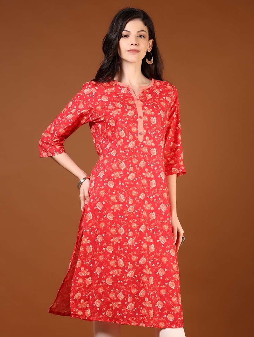 women floral printed three quarter sleeve straight kurta