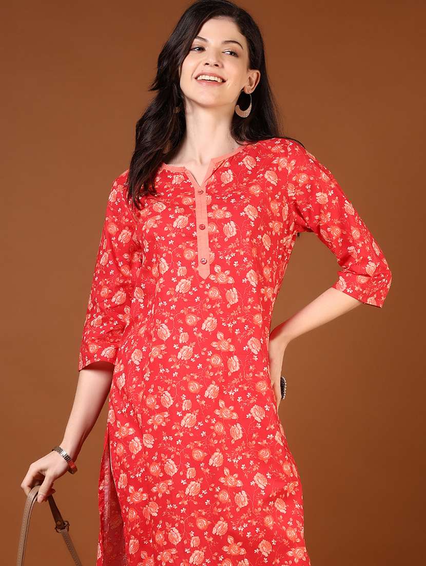 women floral printed three quarter sleeve straight kurta - 22166847 -  Standard Image - 1