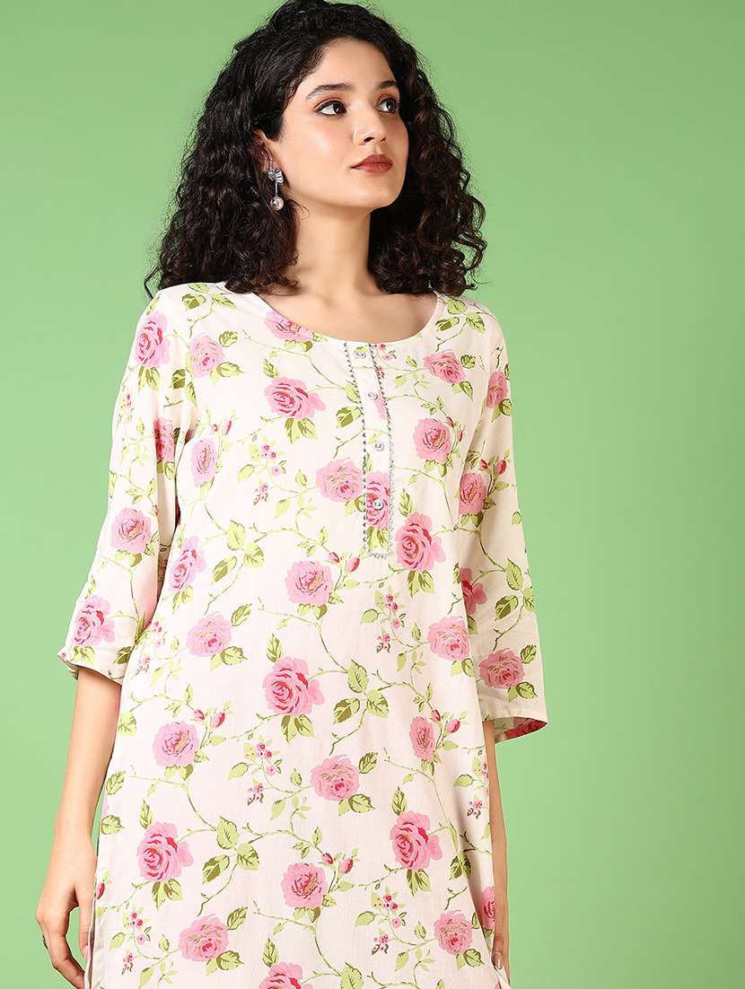women floral printed three quarter sleeve straight kurta - 22167192 -  Standard Image - 1