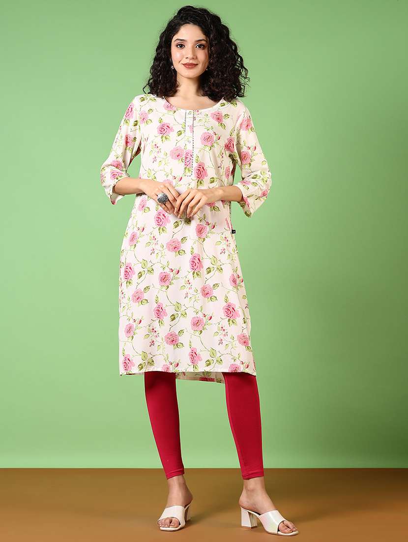 women floral printed three quarter sleeve straight kurta - 22167192 -  Standard Image - 4