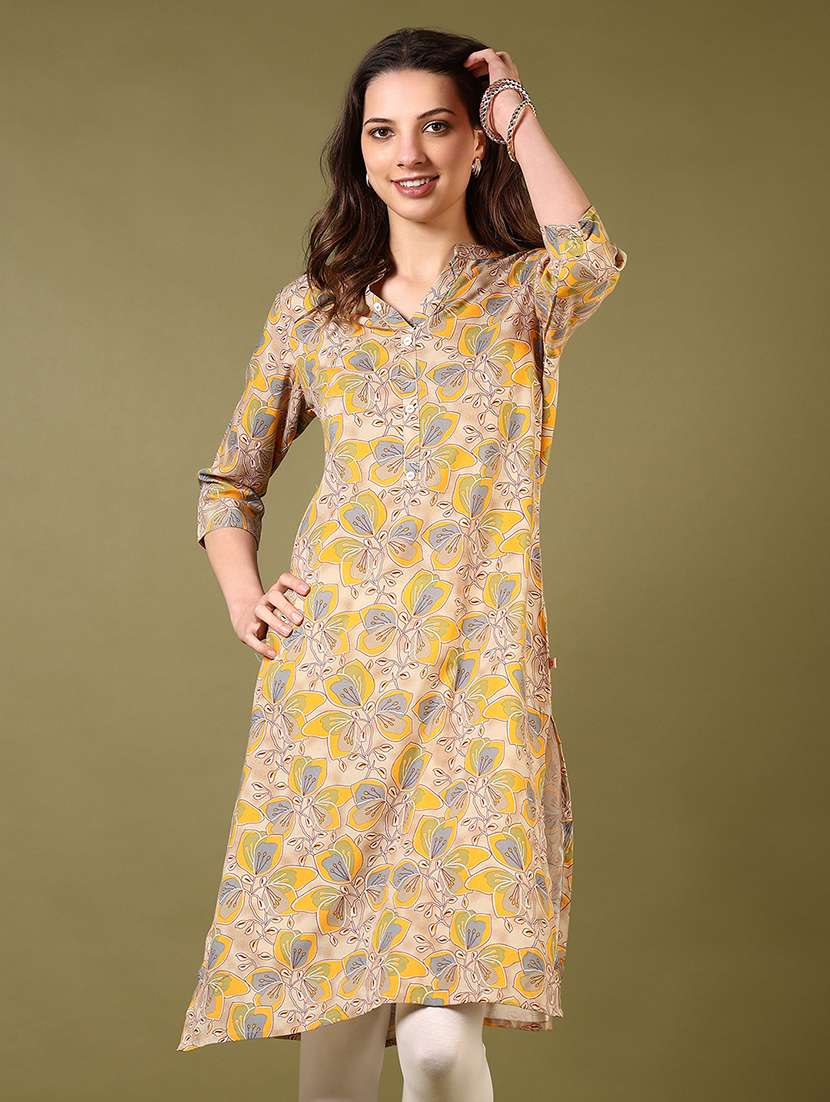 women floral printed three quarter sleeve straight kurta