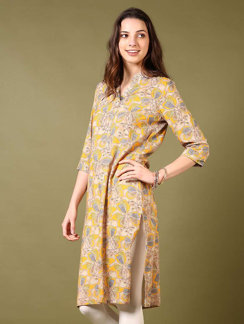 women floral printed three quarter sleeve straight kurta - 22167650 -  Standard Image - 1