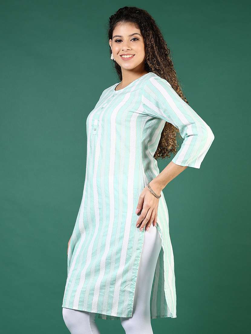 women striped three quarter sleeve straight kurta - 22167652 -  Standard Image - 1