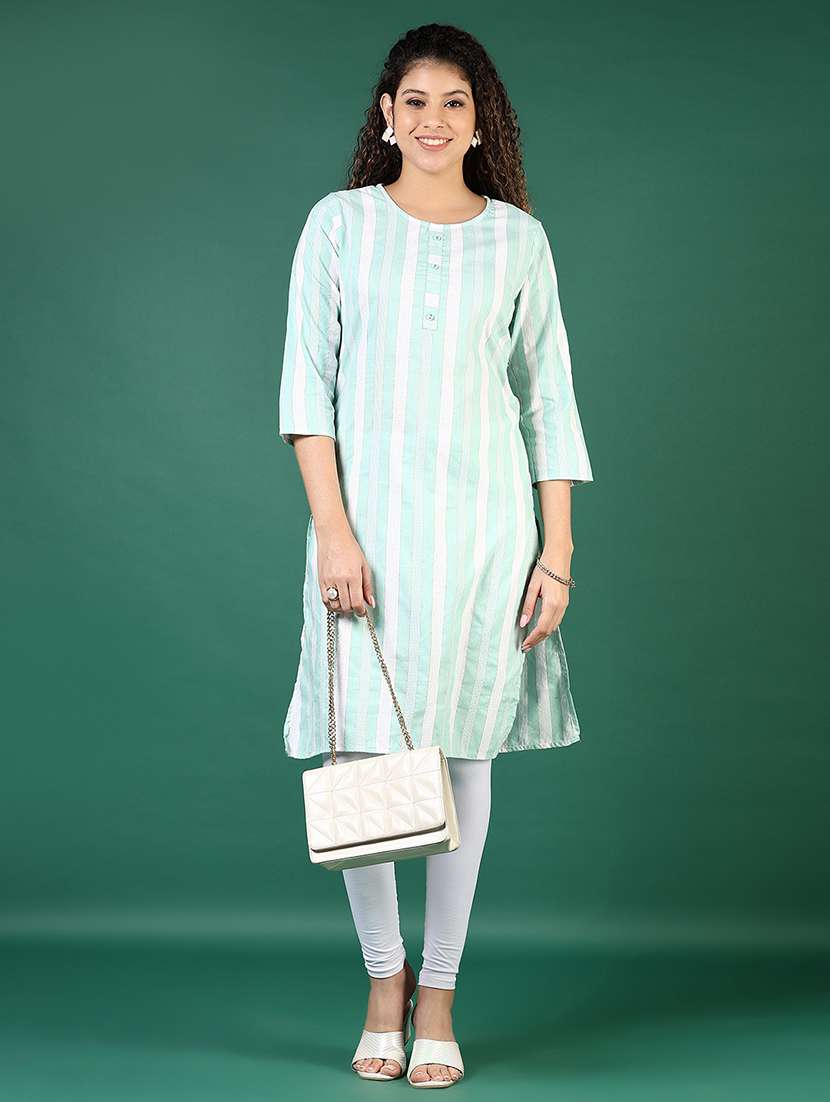 women striped three quarter sleeve straight kurta - 22167652 -  Standard Image - 4