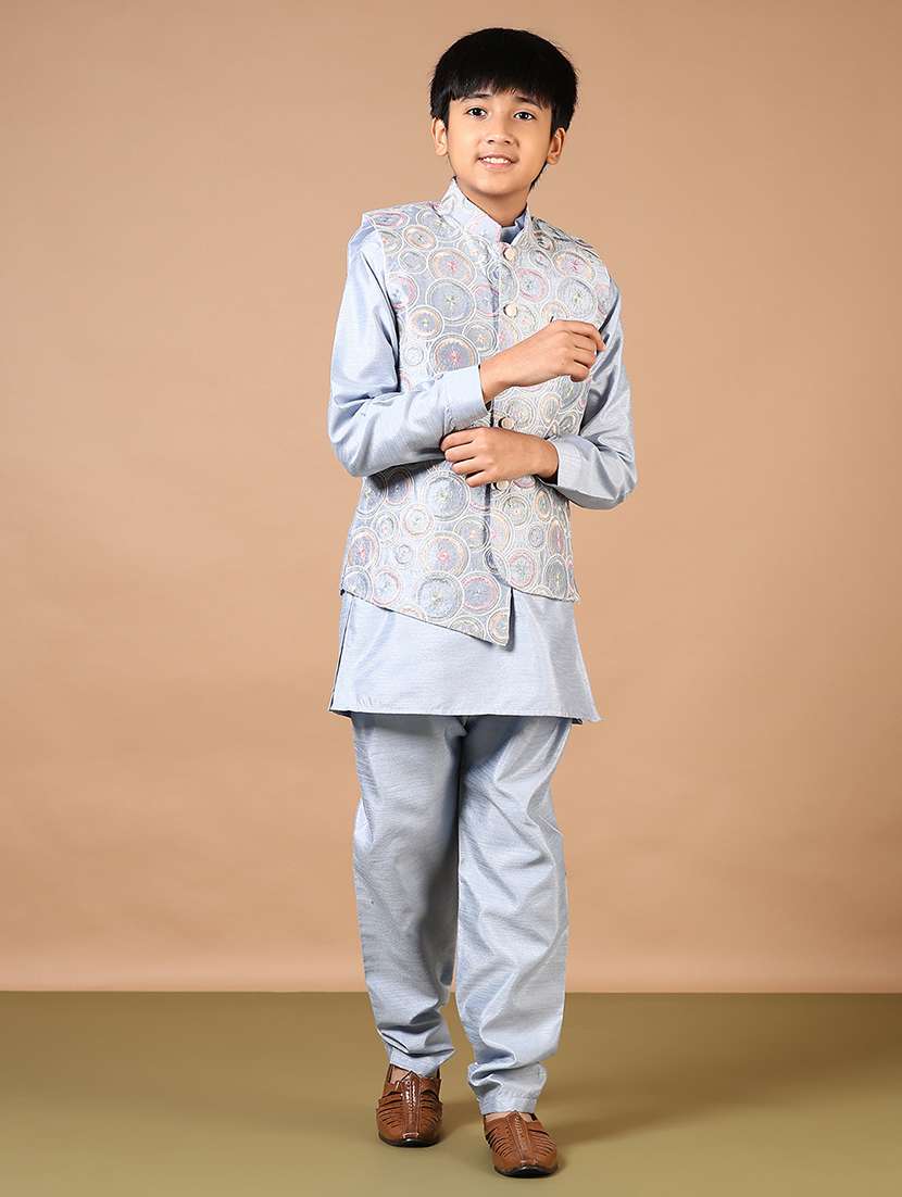 boys embroidered kurta and pyjama set with jacket - 22167817 -  Standard Image - 1