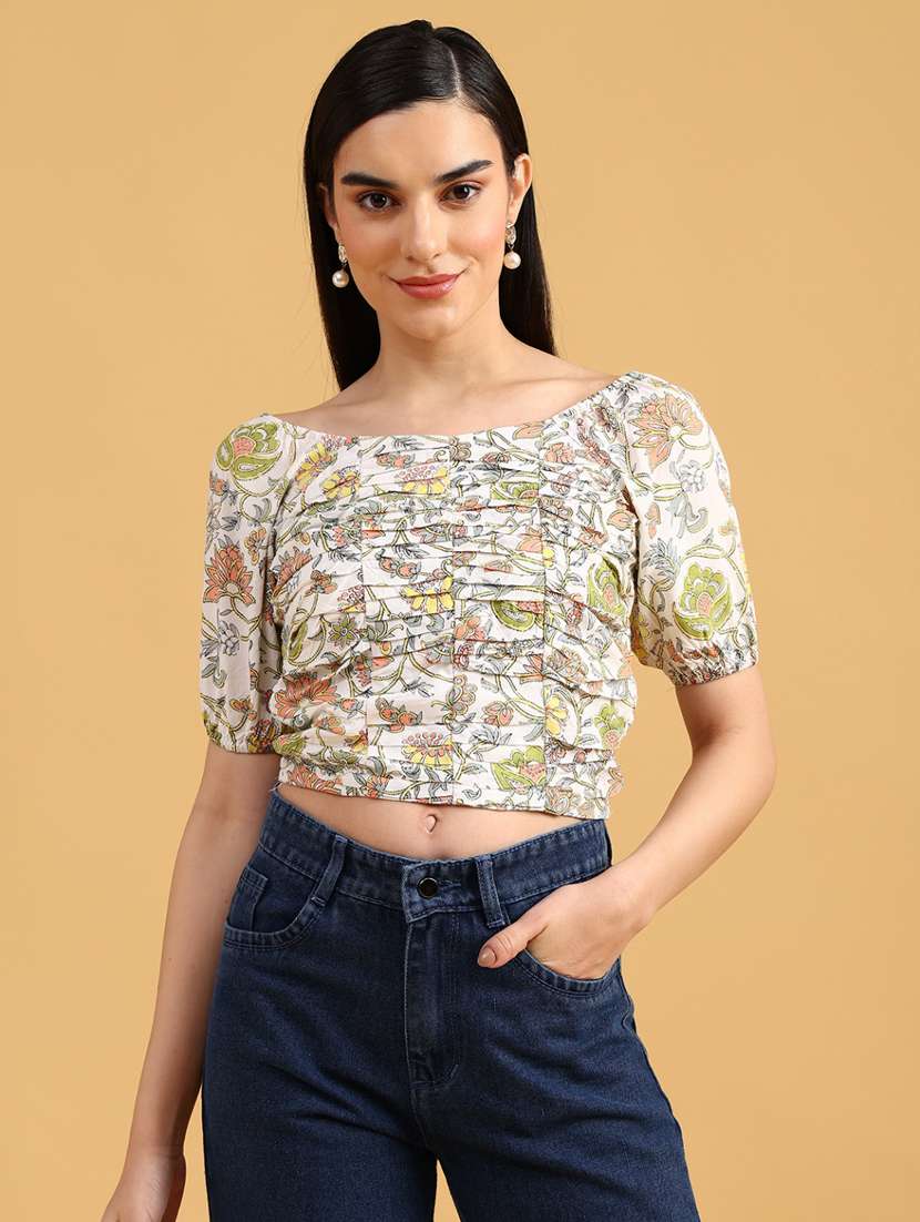 women printed boat neck crop top 