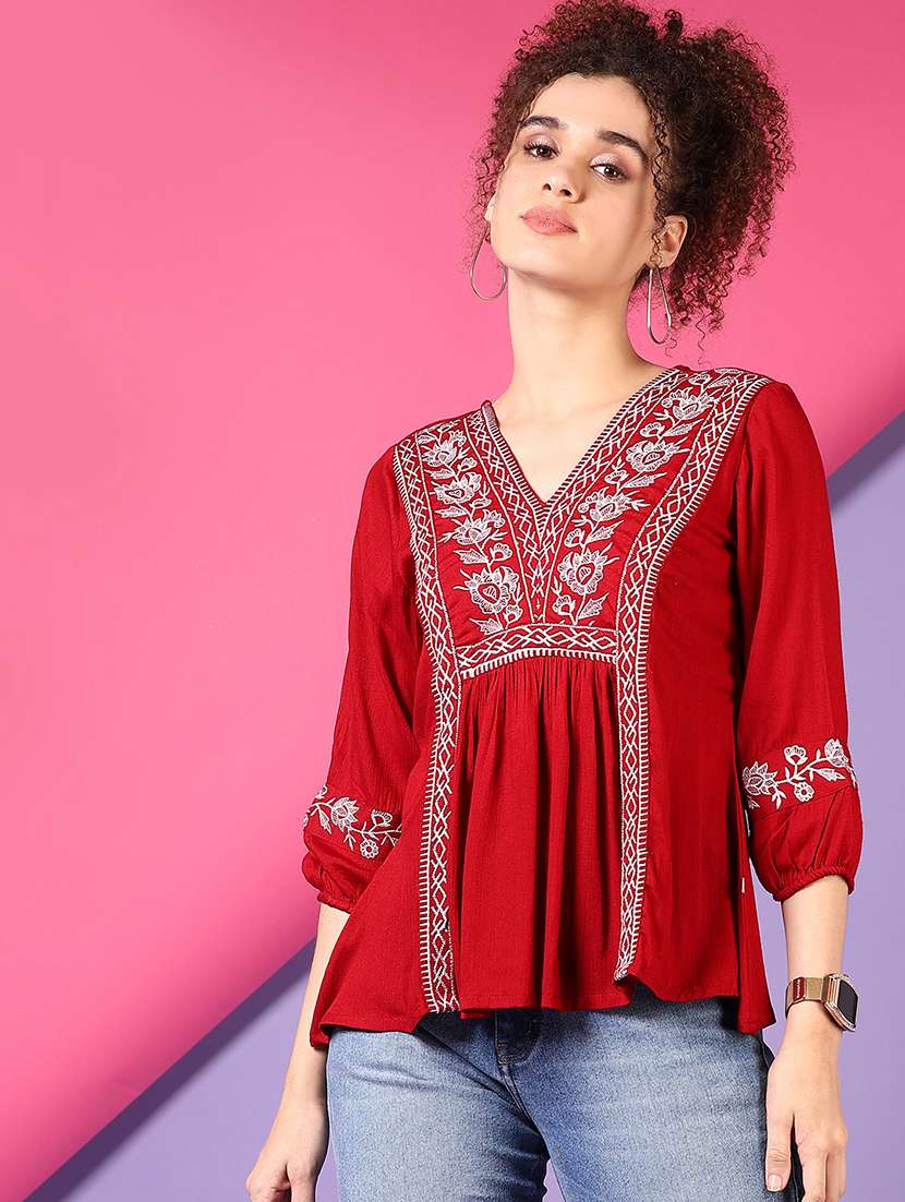 women solid with work three quarter sleeve a-line kurti - 22168008 -  Standard Image - 1