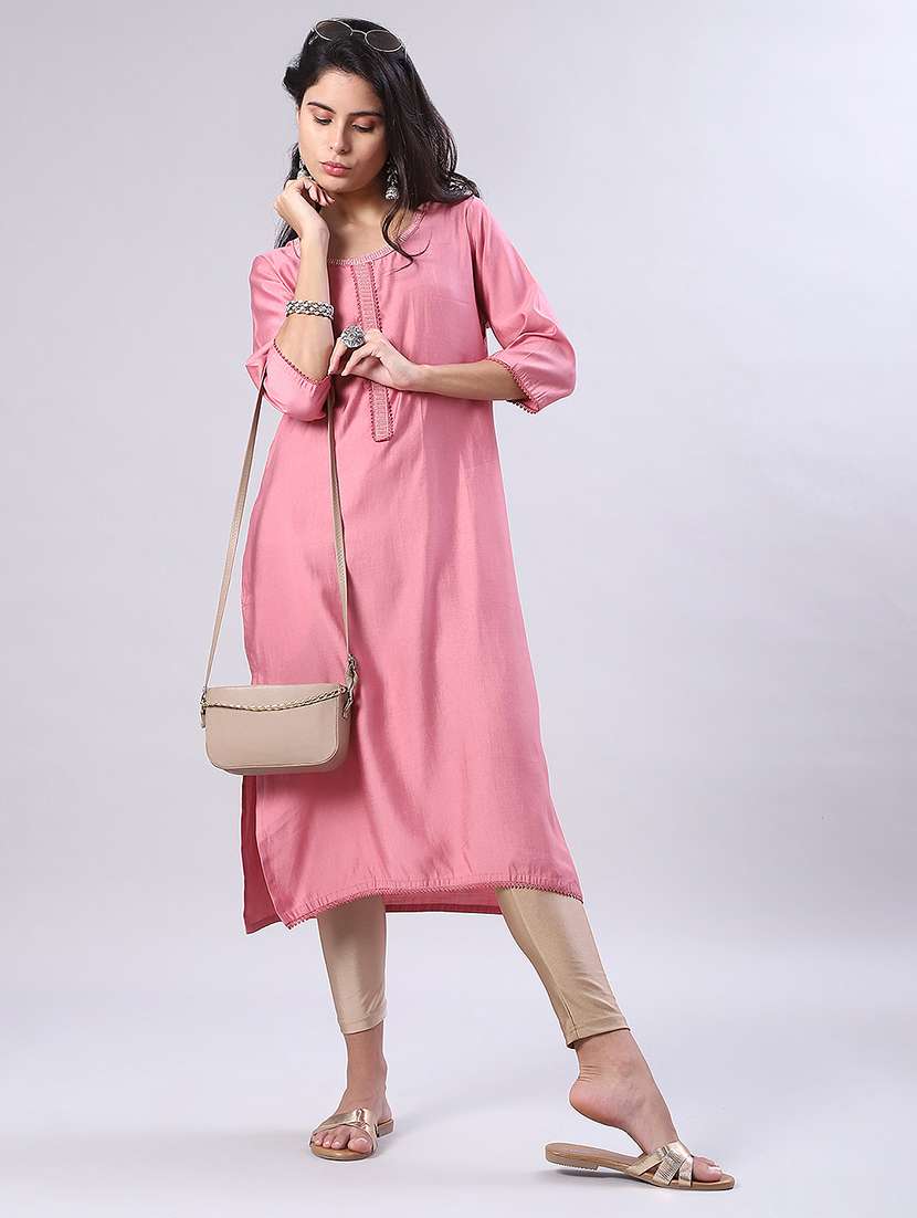 women solid three quarter sleeve straight kurta