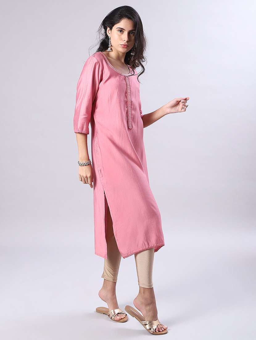 women solid three quarter sleeve straight kurta - 22168293 -  Standard Image - 1