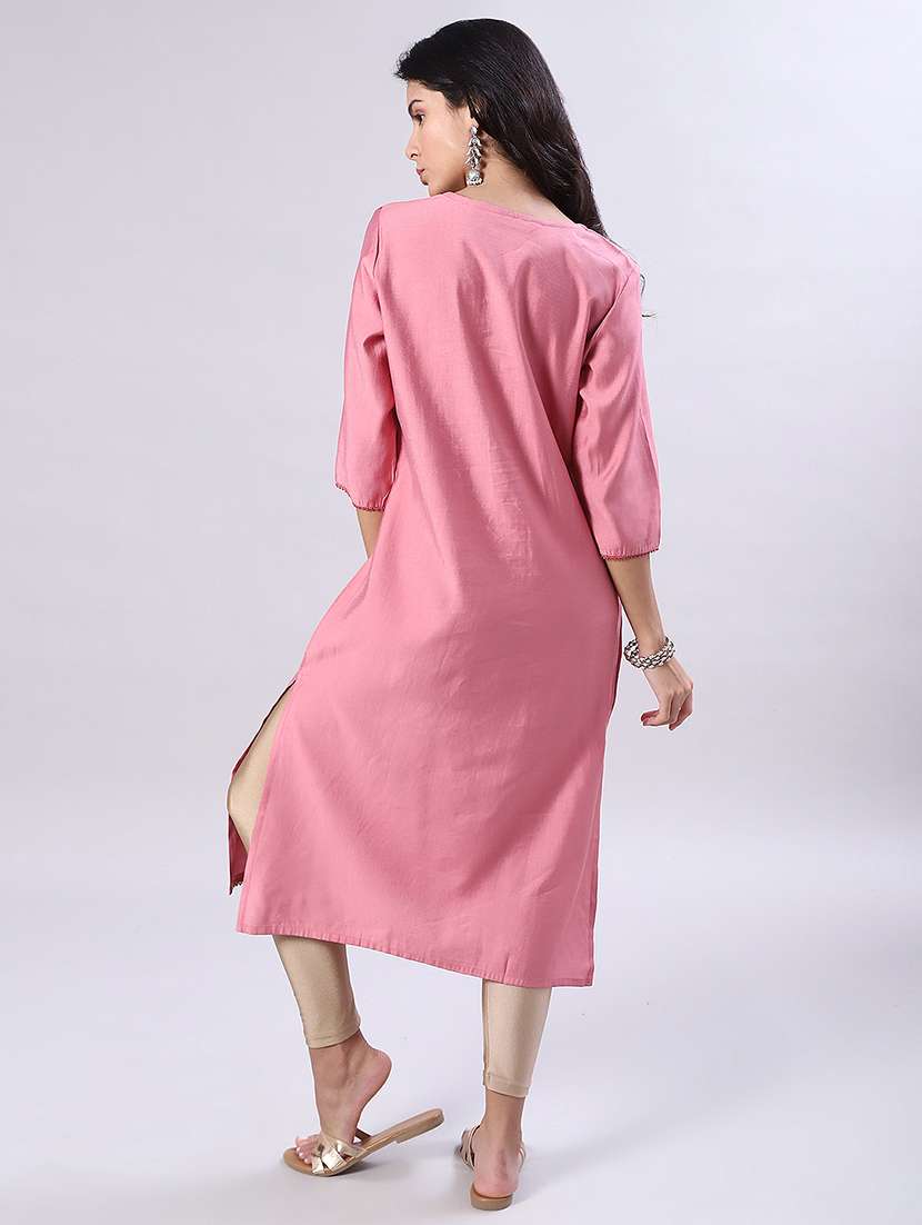 women solid three quarter sleeve straight kurta - 22168293 -  Standard Image - 4