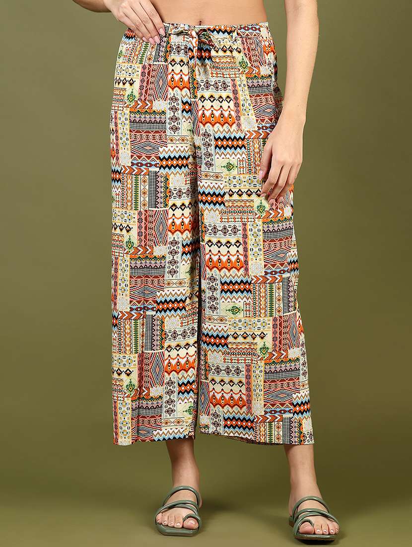women printed mid rise wide leg trouser