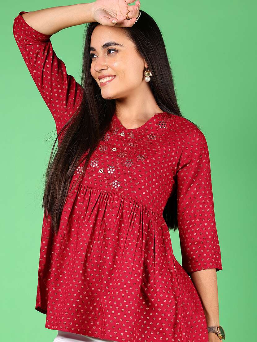 women printed three quarter sleeve flared kurti - 22168675 -  Standard Image - 1