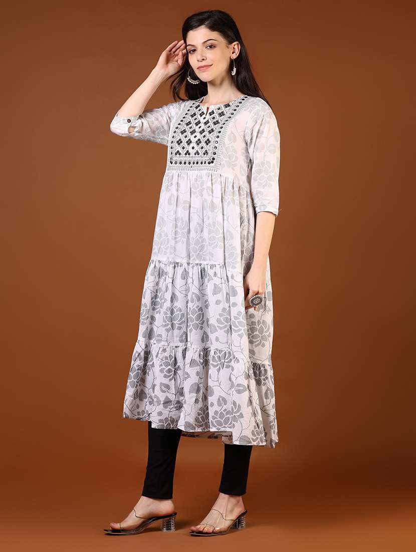 women floral printed three quarter sleeve tiered kurta - 22168778 -  Standard Image - 1