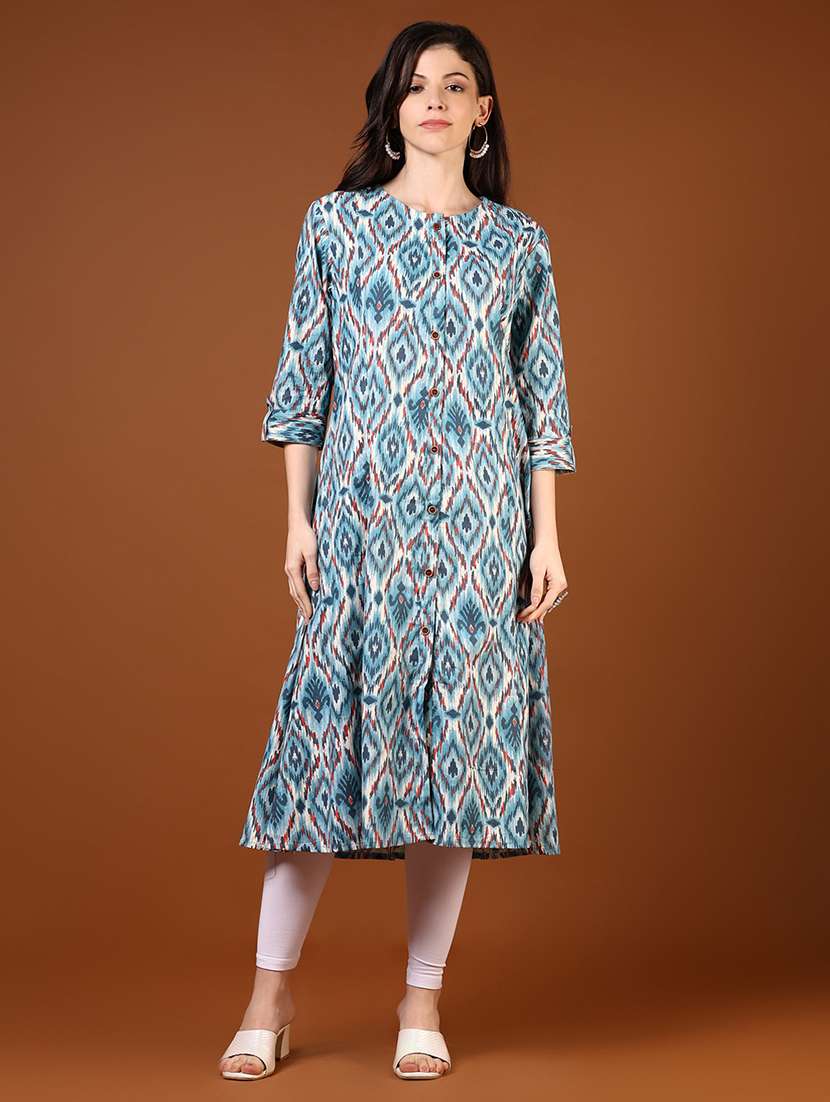 women ikat printed three quarter sleeve a-line kurta - 22168801 -  Standard Image - 1