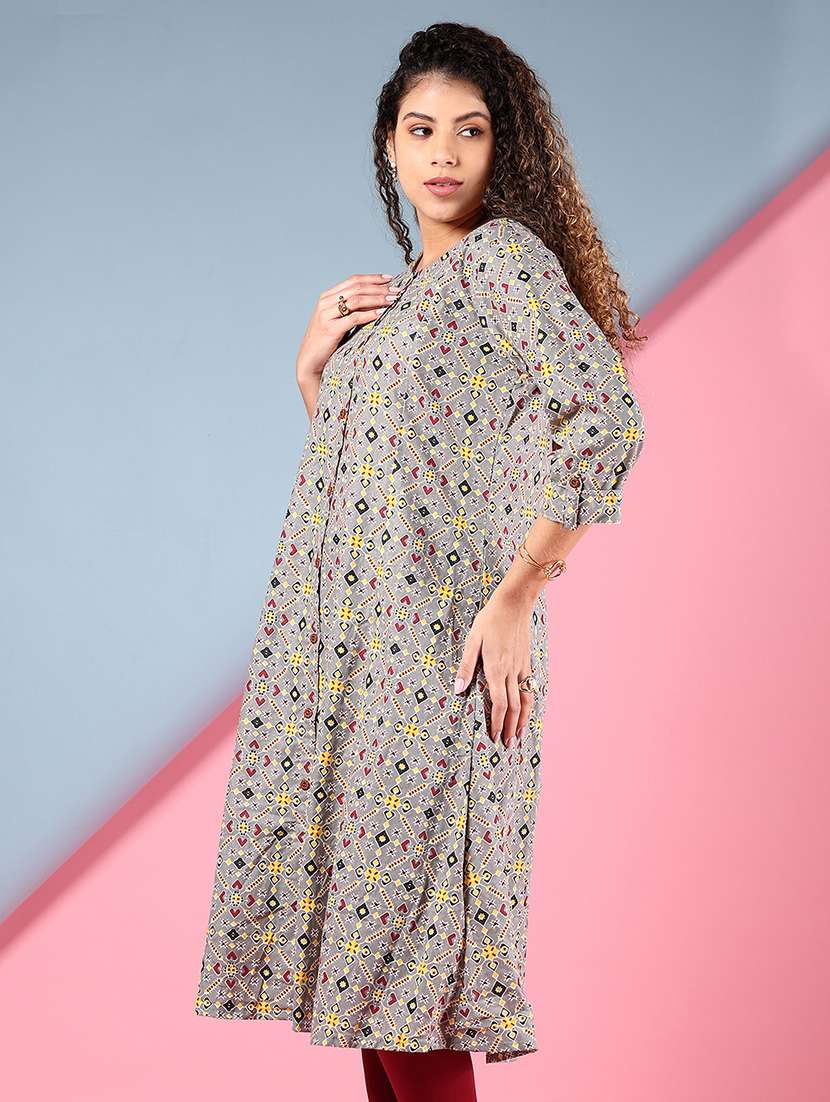 women printed three quarter sleeve a-line kurta - 22169047 -  Standard Image - 1